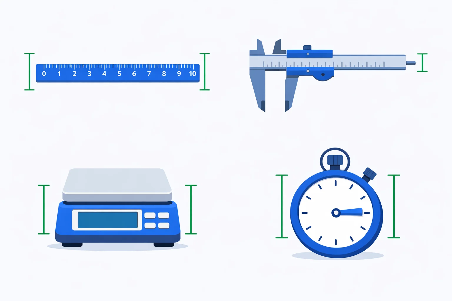 Absolute uncertainty calculator showing a ruler, calipers, digital balance and stopwatch each labelled with its ± error in the same units