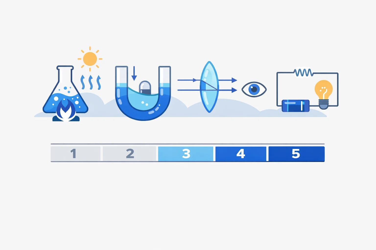 AP Physics 2 score conversion diagram showing raw score ranges for MCQ and FRQ sections mapping to AP grades 1 through 5 with thermodynamics, optics, and circuit icons