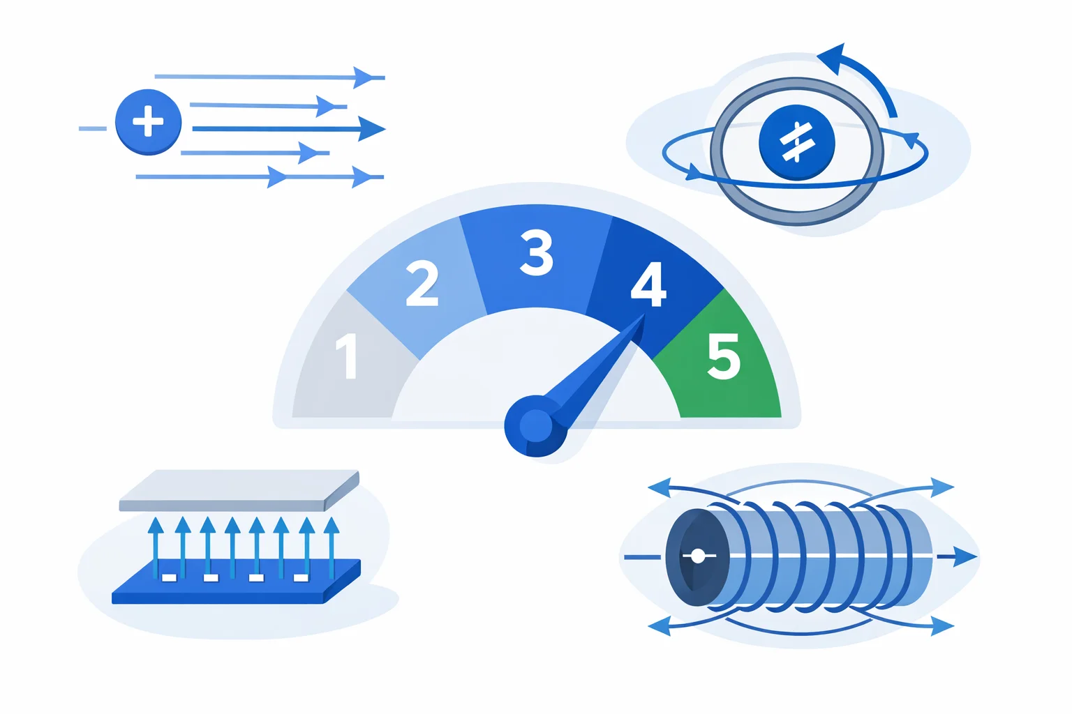 AP Physics C E&M exam score calculator visual showing electric field vectors, capacitor plates, solenoid diagrams, and Faraday's law flux loops with a 1-5 AP grade prediction gauge