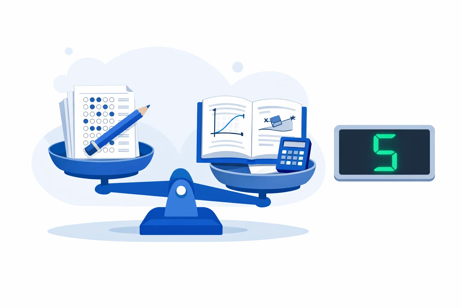 AP Physics C Mechanics score conversion chart showing MCQ and FRQ sections weighted on a balance scale with grade cutoff bands from 1 to 5 in emerald green