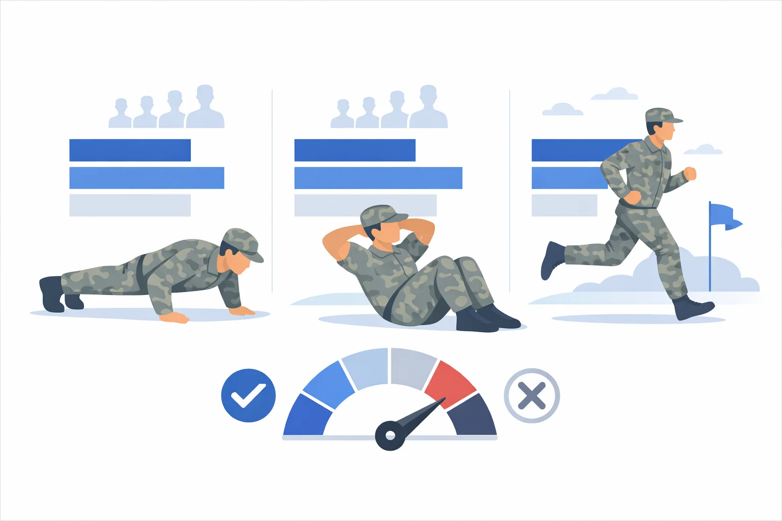 Army APFT scoring illustration showing push-ups, sit-ups, and 2-mile run with age-group scoring bars and pass/fail indicators