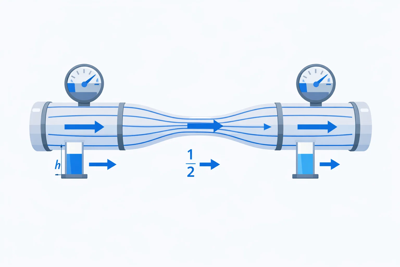 Bernoulli equation illustrated on a pipe with varying diameter showing fluid streamlines accelerating through a constriction, pressure gauges reading lower values at the narrow section, and velocity arrows with P plus half rho v squared plus rho g h terms labeled