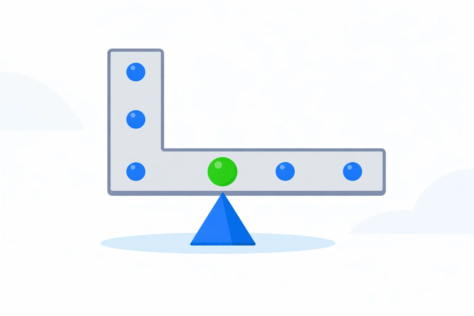 Center of gravity calculator showing an L-shaped object with mass points and the balance point marked as an emerald fulcrum