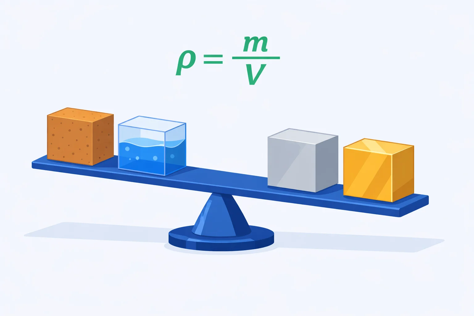 Density calculator: equal-volume cork, water, aluminum and gold cubes with very different masses, illustrating ρ = m/V