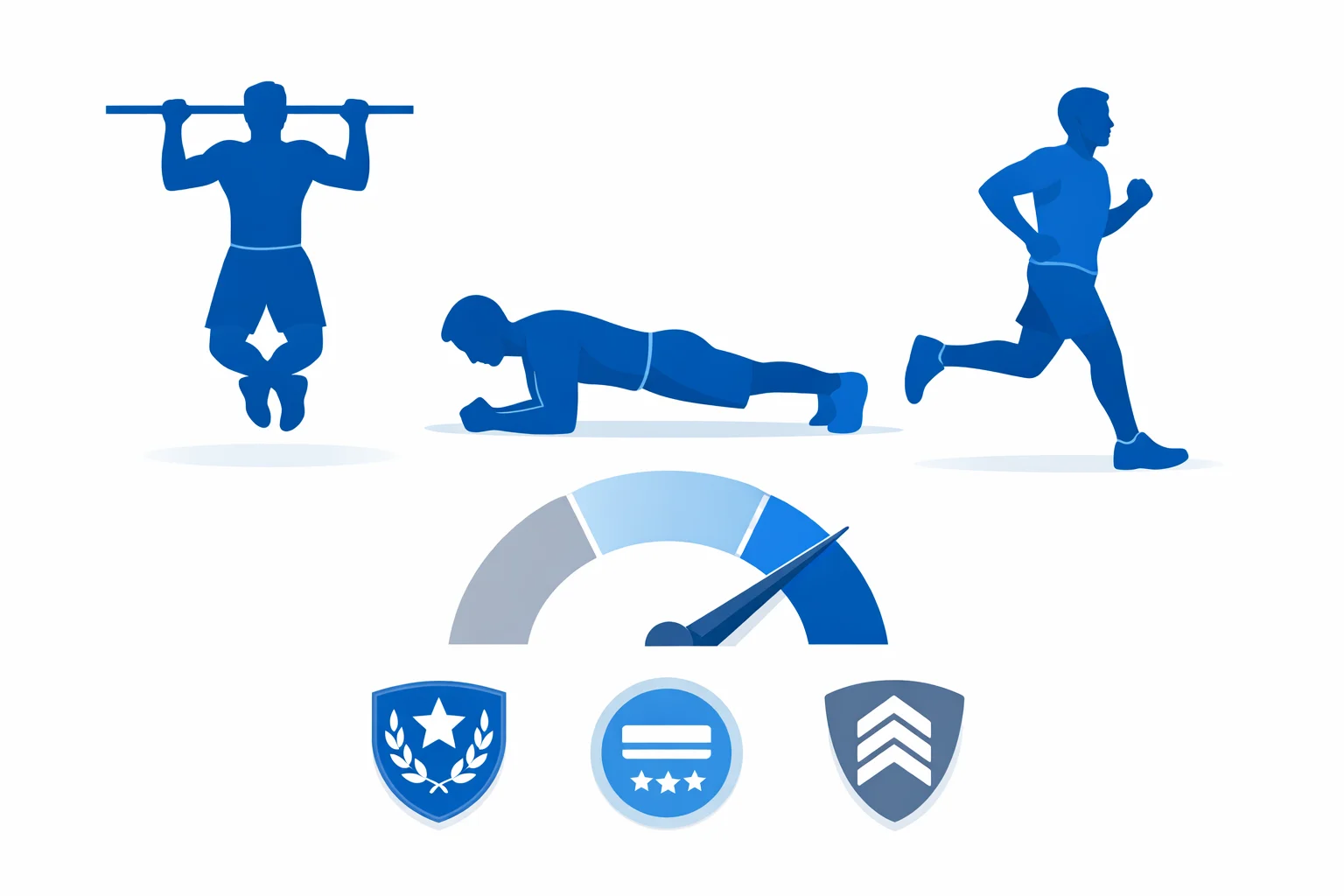 Marine Corps PFT illustration with pull-up, plank, and 3-mile run silhouettes and first, second, and third class badges