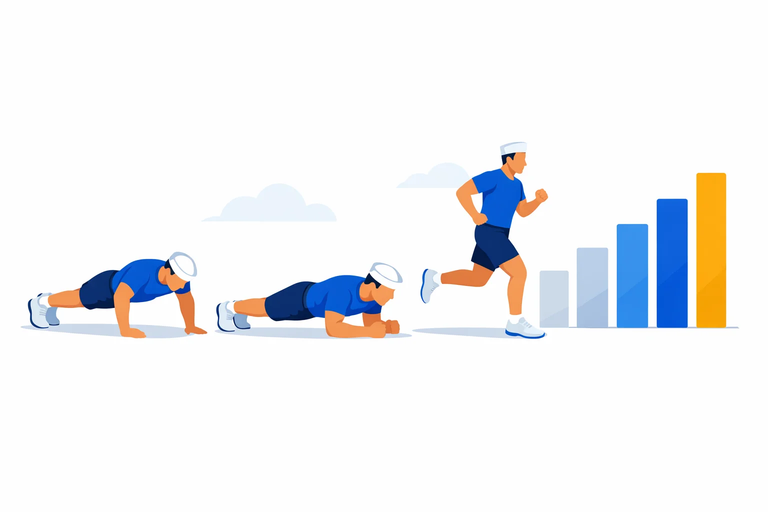 Navy PRT scoring breakdown showing push-up, plank, and run event components with performance tier bars from Probationary through Outstanding