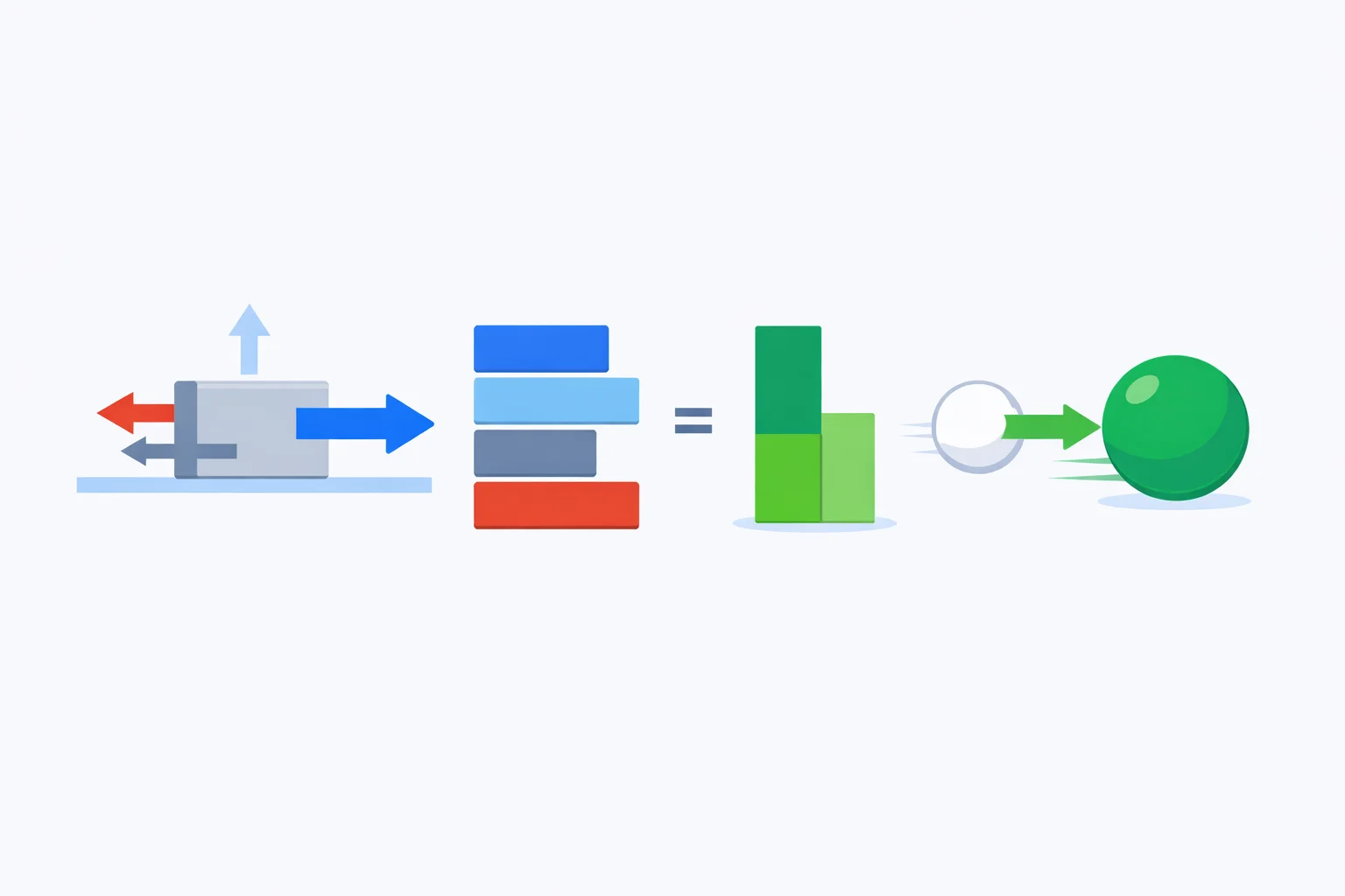 Net work diagram with colored force arrows on a sliding block and positive and negative bars summing to total net work
