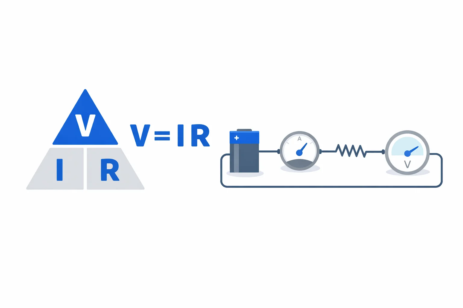 Ohm's Law triangle diagram showing V = IR relationship with a DC circuit featuring battery, resistor, ammeter, and voltmeter with labeled voltage and current values