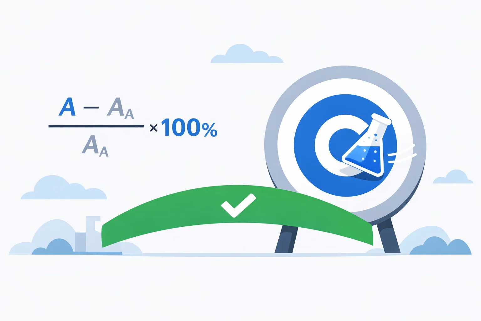 Percent error calculator comparing an experimental result to the accepted-value bullseye with the percent error formula