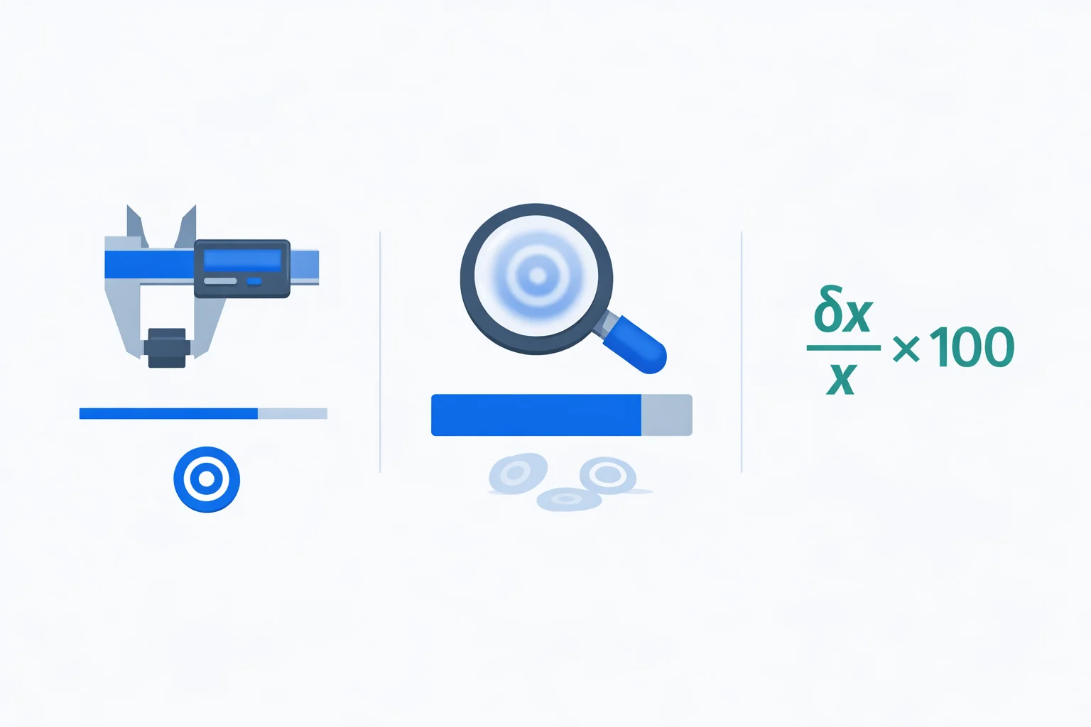 Percent uncertainty calculator comparing a narrow high-precision bar to a wide low-precision bar beside the δx over x formula