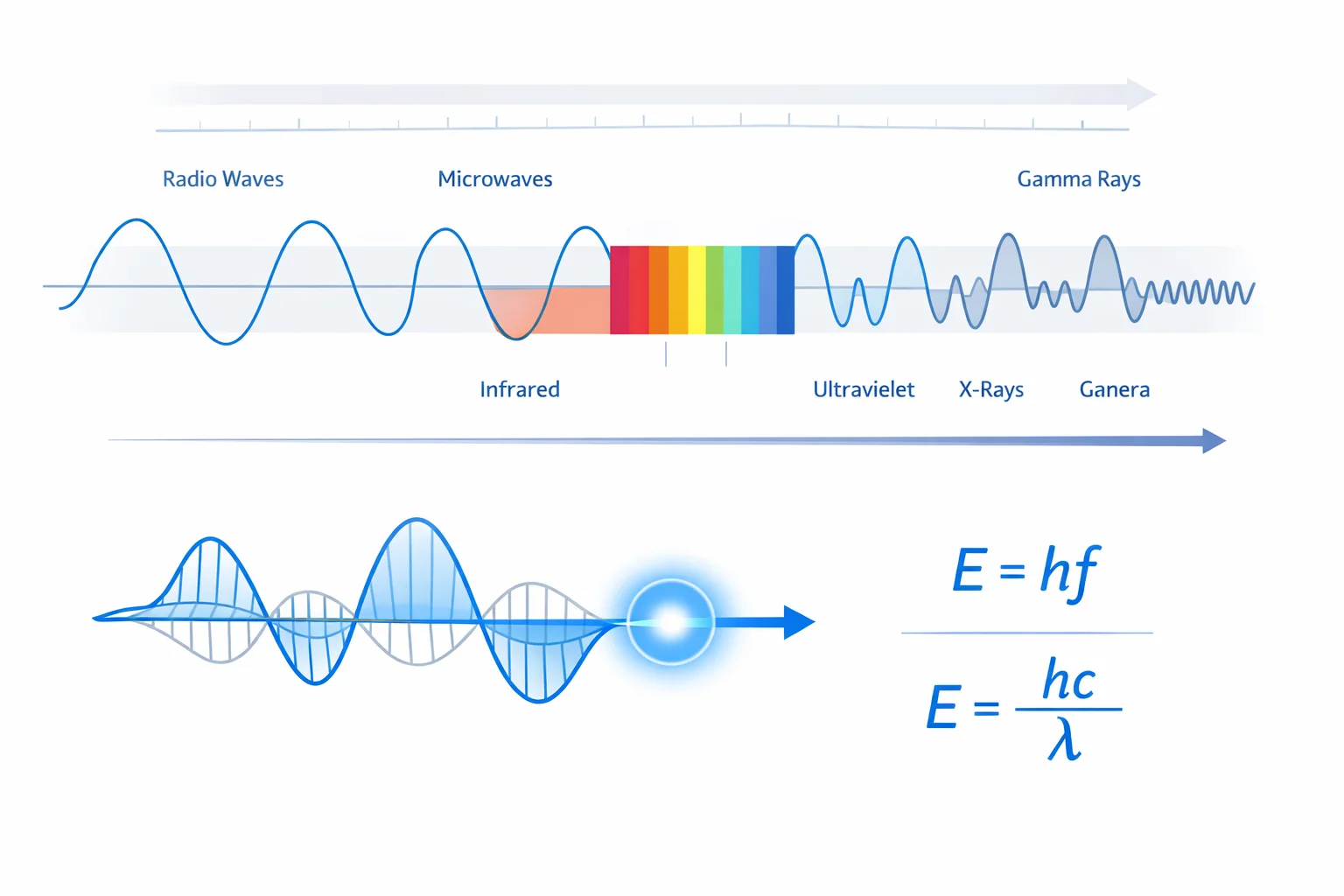 Photon energy diagram of the electromagnetic spectrum with wavelength and energy scales and the E = hf formula