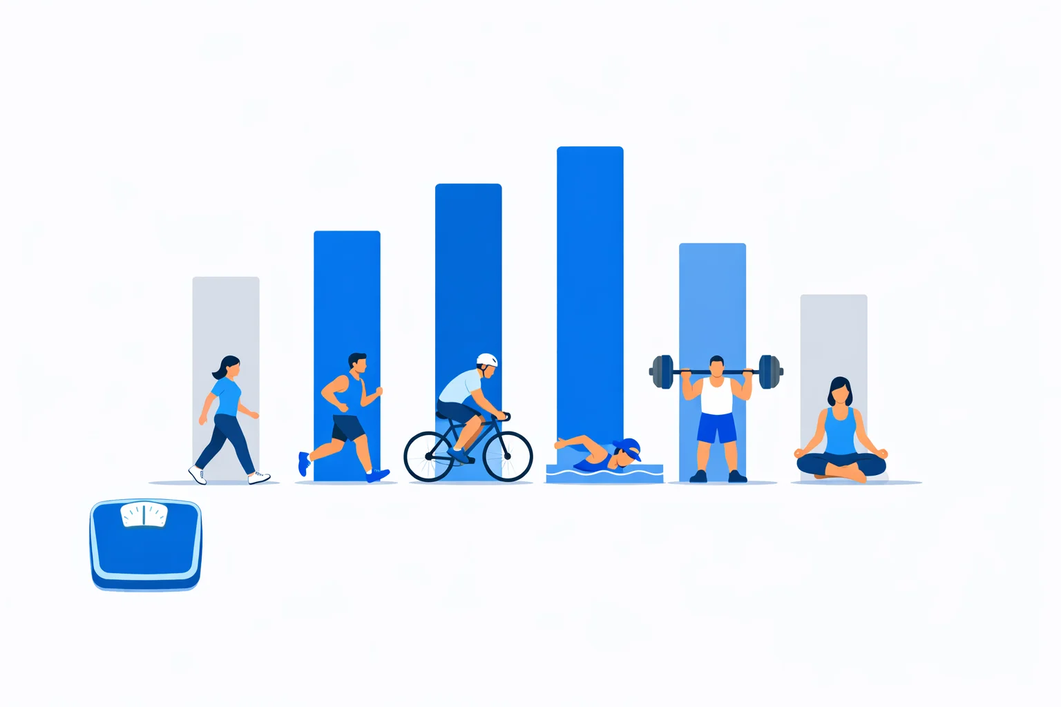 Calories burned comparison chart showing MET values and energy expenditure bars for walking, running, cycling, swimming, weightlifting, and yoga exercises