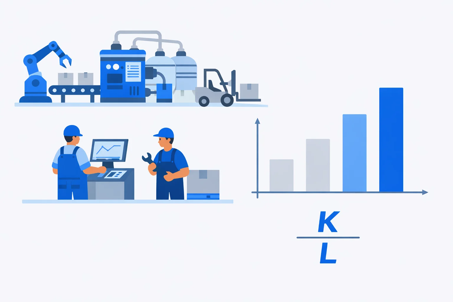 Physical capital per worker K/L ratio diagram showing factory equipment, workers, and bar chart comparing capital intensity across industries