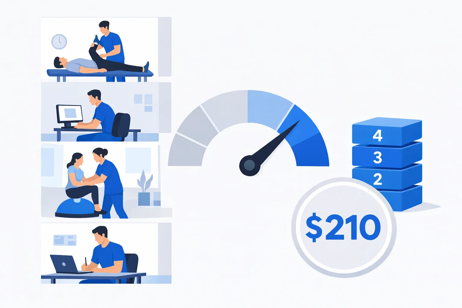 Physical therapy productivity calculator showing billable time, a productivity gauge, and CPT billable units per visit