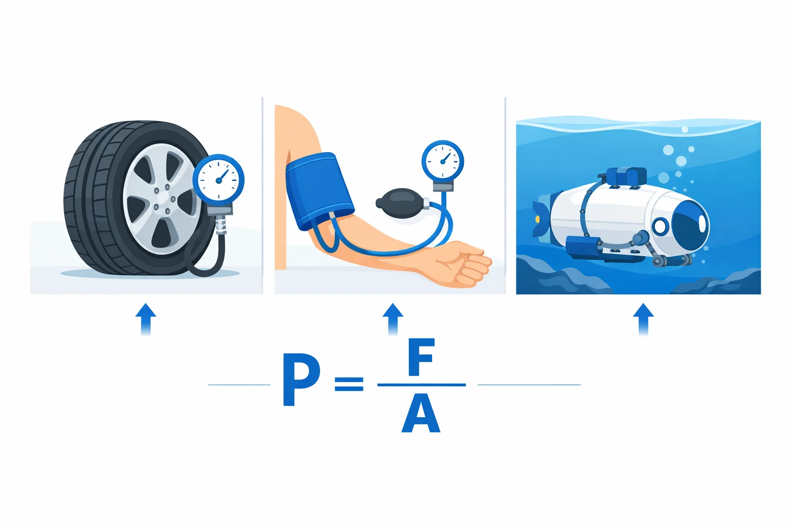 Three pressure scenarios side by side: tire gauge at 32 psi, blood pressure cuff reading 120/80 mmHg, and deep-ocean submersible under hydrostatic pressure, connected by the P = F/A equation