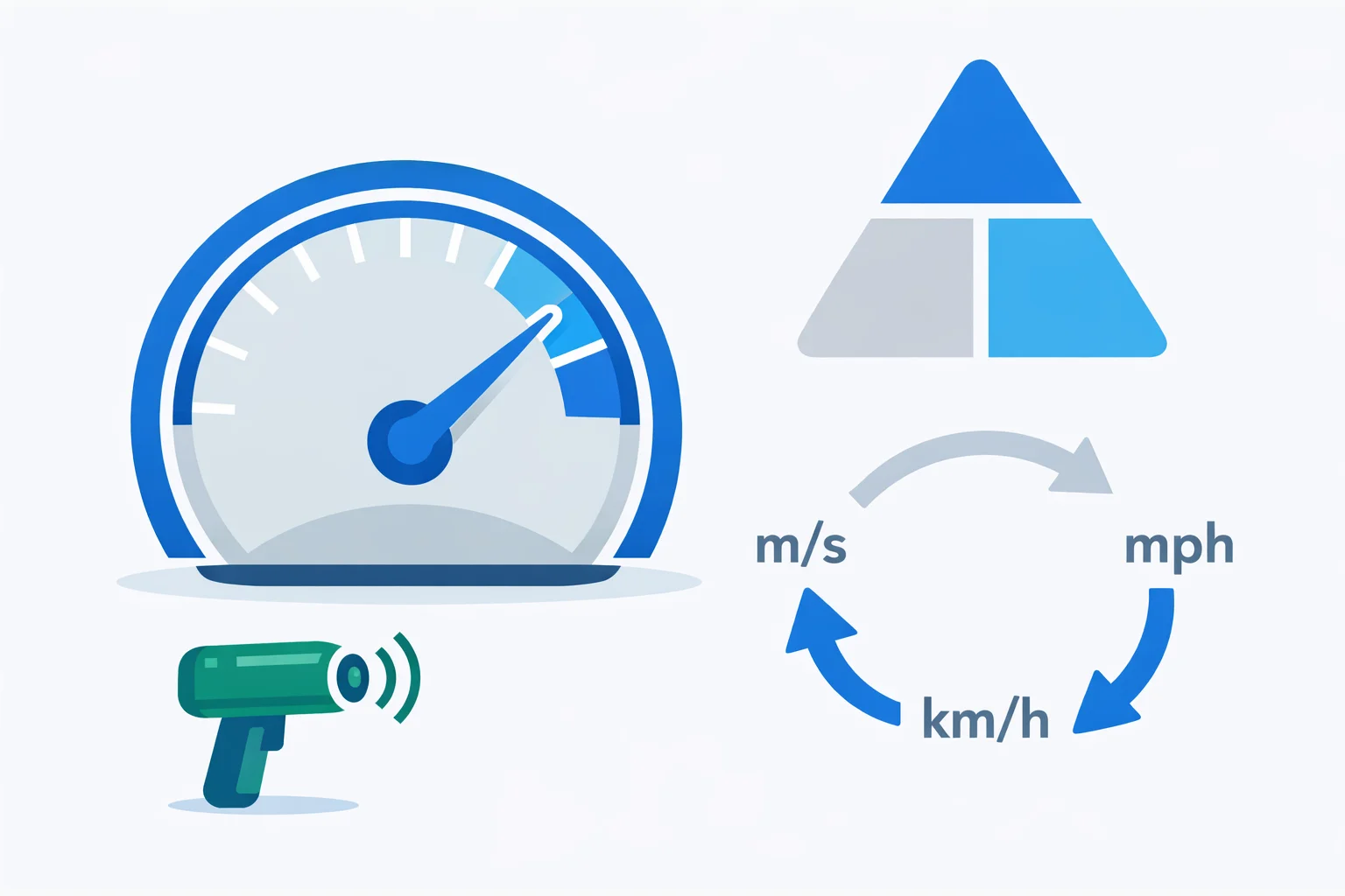 Speed calculator diagram with the distance over time triangle and m/s, km/h, mph conversion arrows