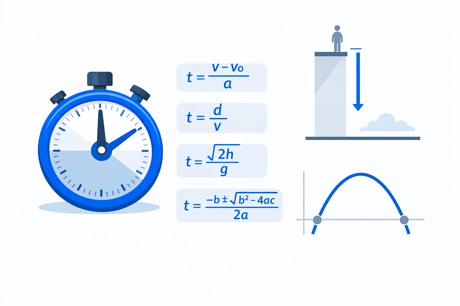 Time calculator showing kinematic equations solved for time, with a free-fall height diagram and quadratic roots curve