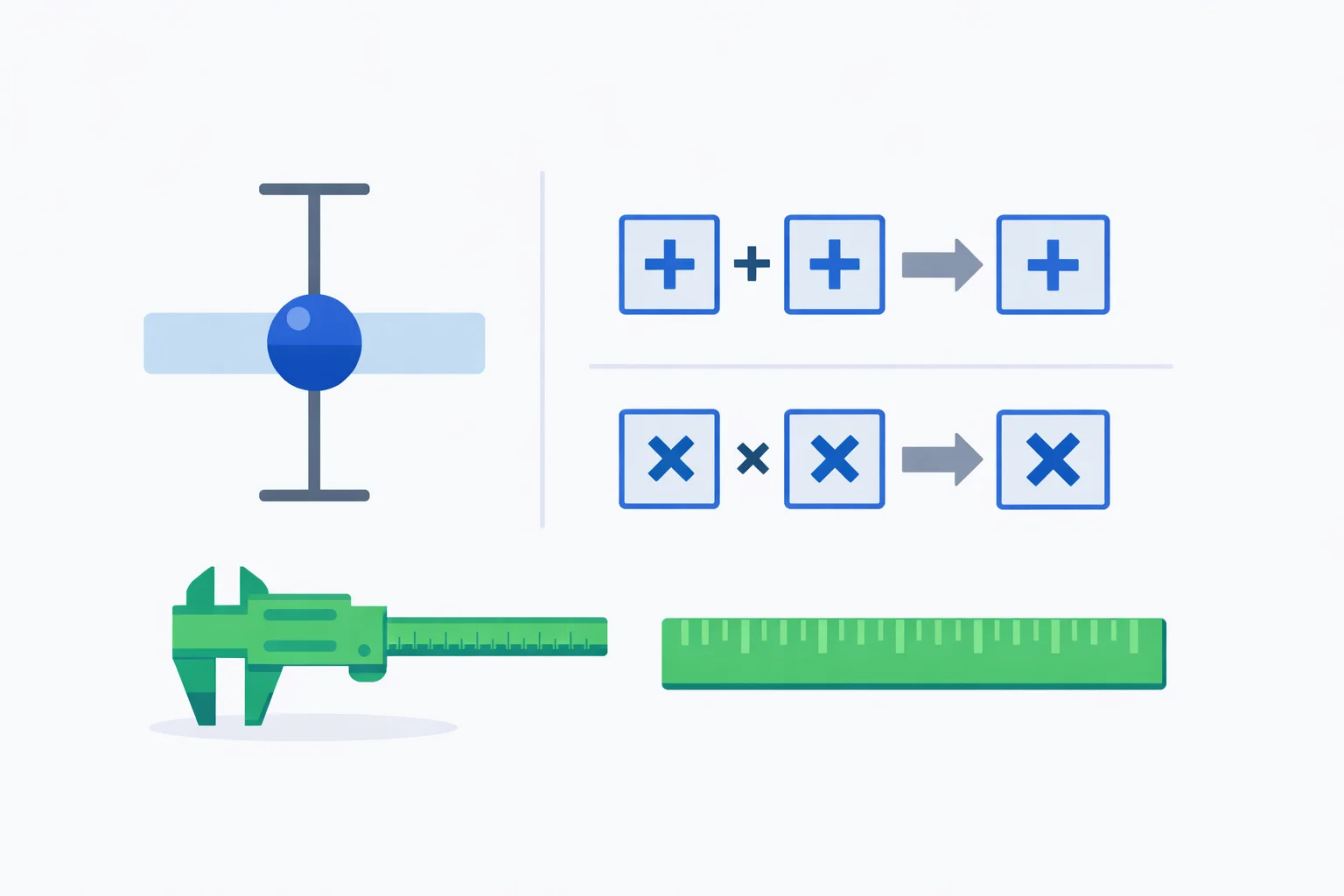 Uncertainty calculator showing a measured data point with error bars and the error-propagation rules for sums and products
