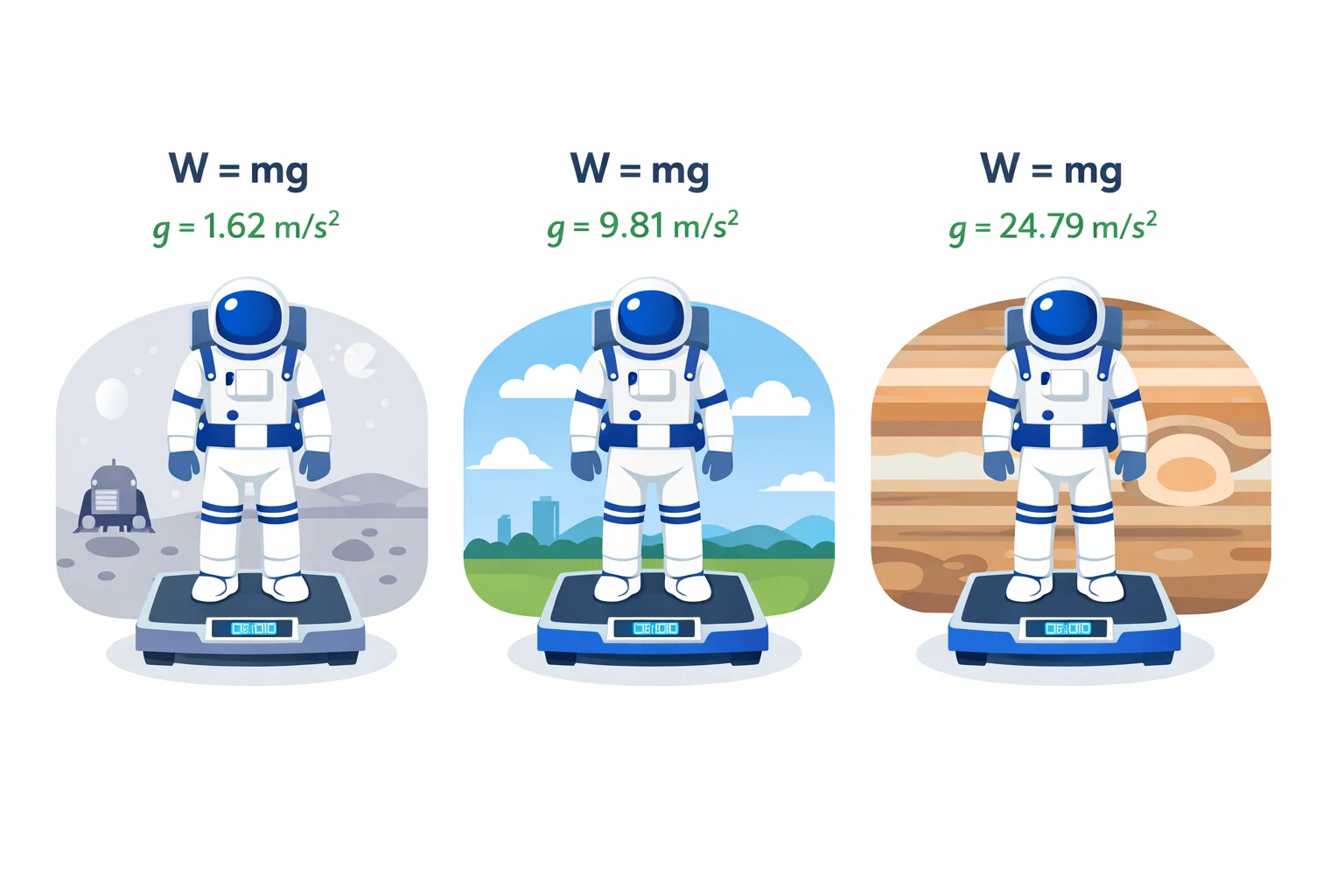 Weight calculator diagram showing the same astronaut weighing different amounts on the Moon, Earth, and Jupiter using W = mg with each world's gravity
